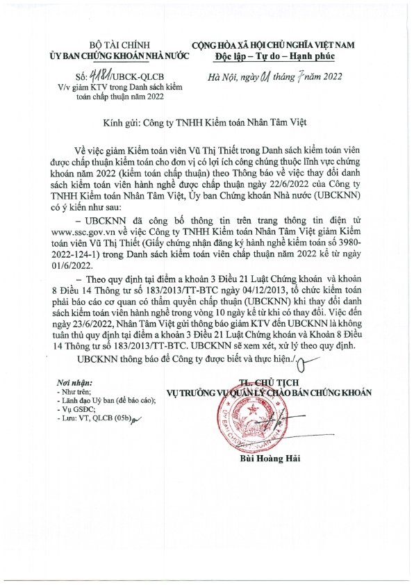 Cập nhật thông tin Báo cáo minh bạch tháng 7/2022 (Thông báo giảm Kiểm toán Viên - Vũ Thị Thiết)